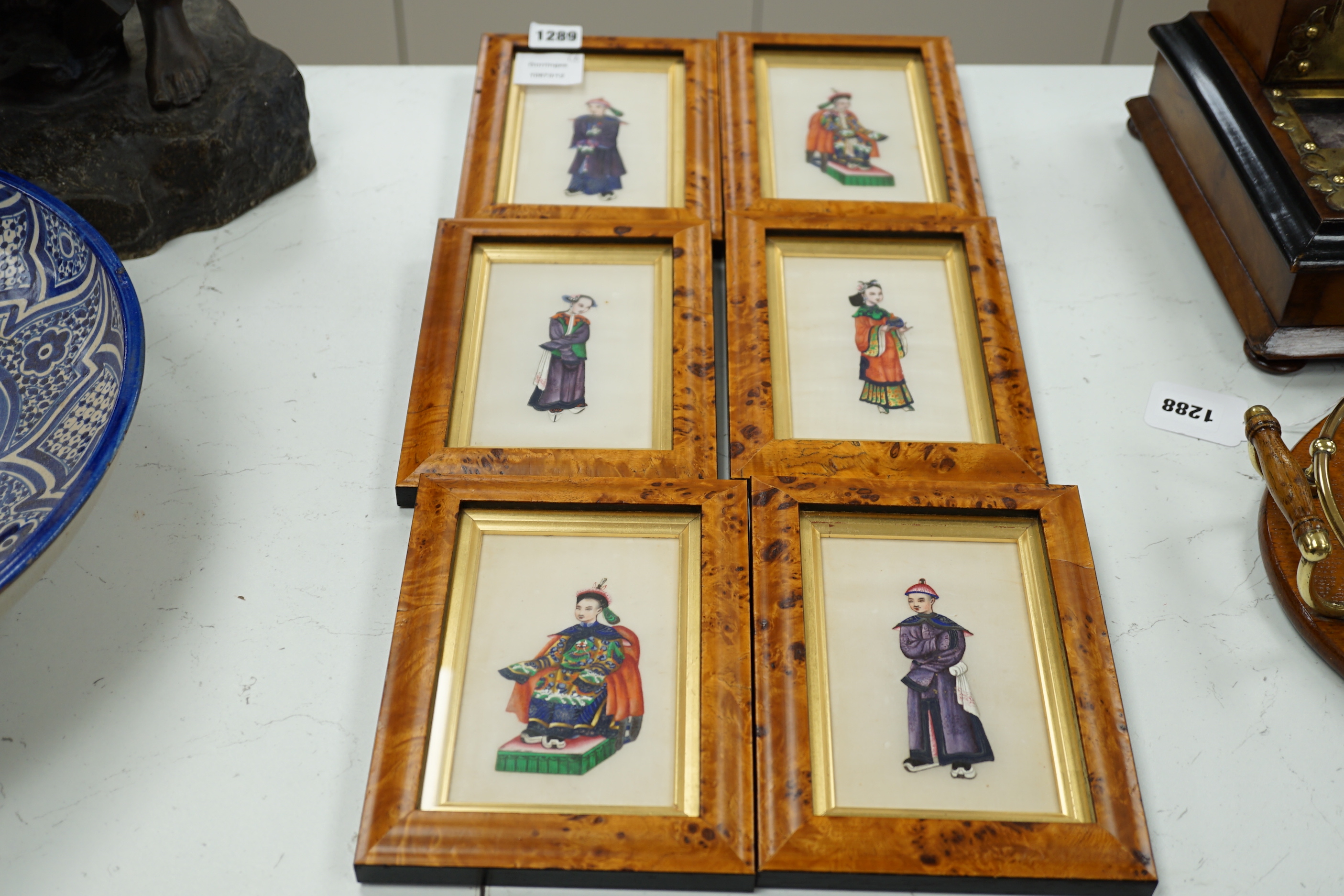 A set of six framed Chinese pith paper figure paintings, 9cm wide, 13cm high